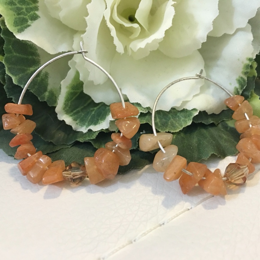 NWOT Carnelian Chips Crystal Hoop Earrings